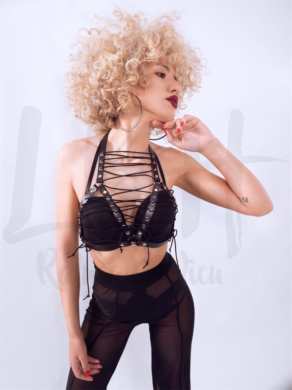 Black Leather Open Cup Bra with Lace Detail