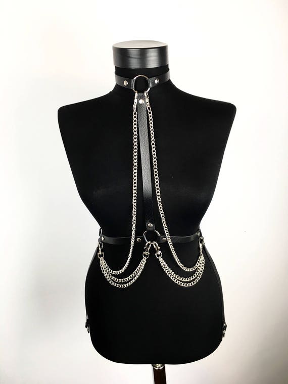 Sleek Leather Harness with Hanging Chains