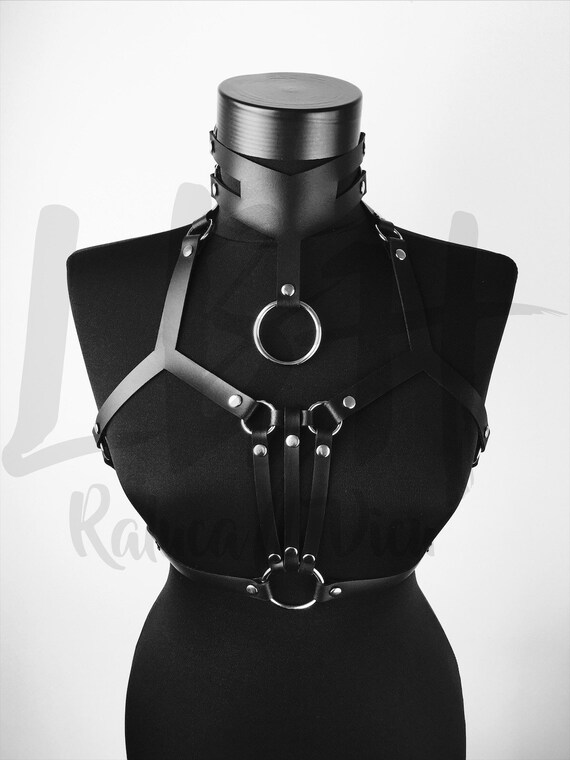 Leather harness women,BDSM look outfit, Harness belt leather, Harness with collar, Leather lingerie, Leather chest belt, Sexy leather look g