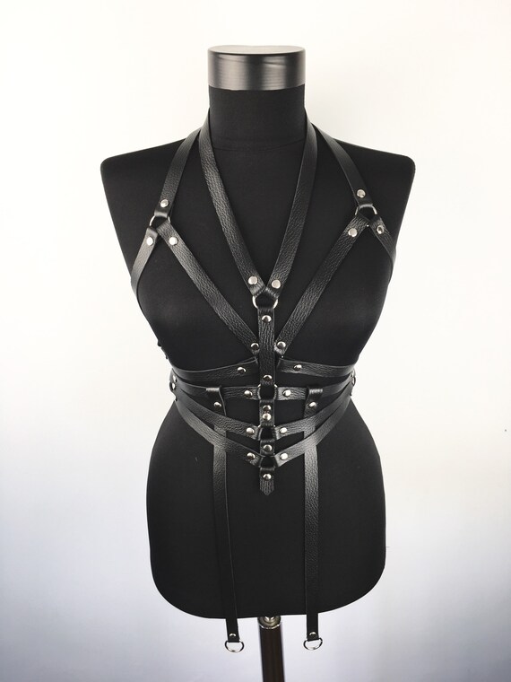 Black Leather 2-Piece Harness with Open Cup Bra