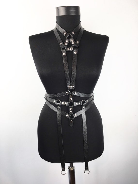 Handmade Black Leather Harness with Adjustable Fit