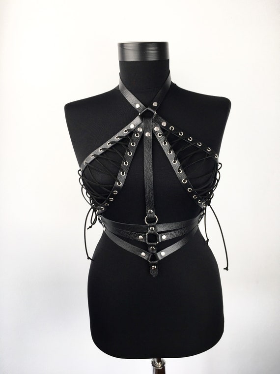 Lace-Up Black Leather Chest Harness