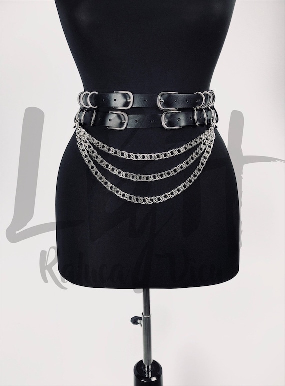 Black leather layered belt with chains,Waist belt gift, Leather harness belt, Fashion harness belt, Harness belt for her, Waist belt harness