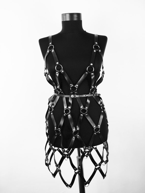 Leather harness dress women,Sexy look leather outfit, Harness with loose straps, Leather lingerie, Leather body dress, Sexy leather look gif
