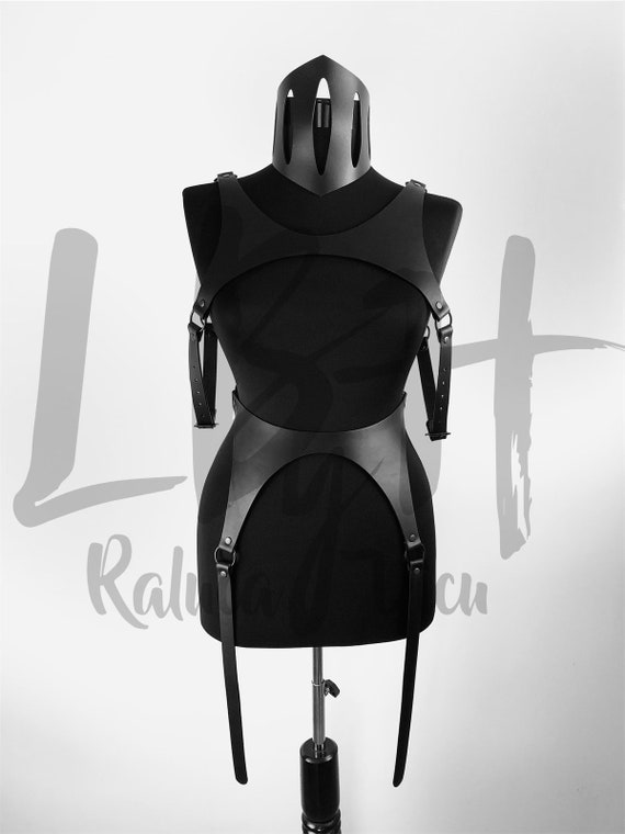 Black Leather Waist Belt Harness with Hanging Strips