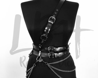 Black Leather Double Belt with Shoulder Strap and Chains