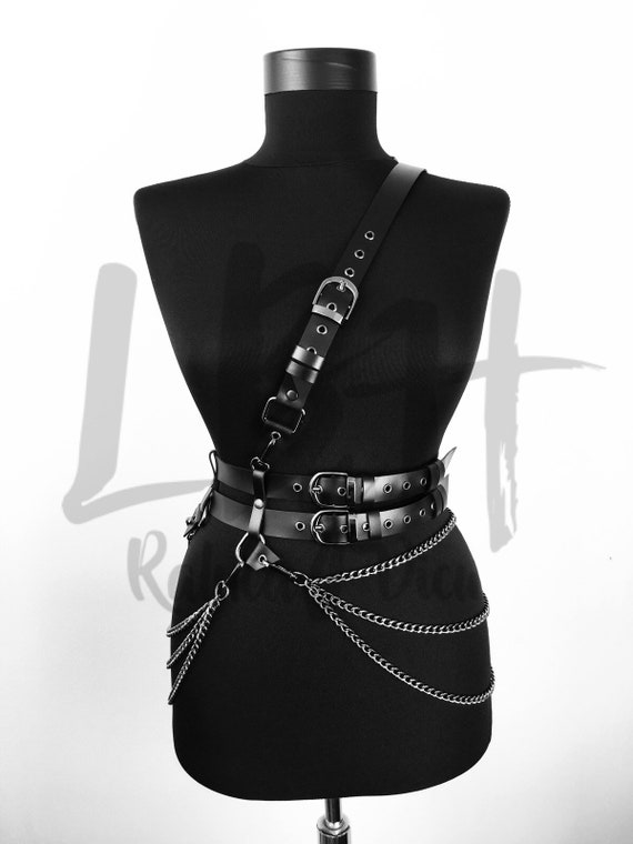 Black Leather Double Belt with Shoulder Strap and Chains