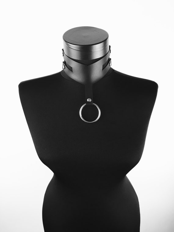 Black Leather Choker with Dual Buckles and O-Ring Pendant