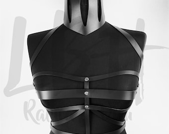 Sleek Black Leather Torso Harness with Neck Strap