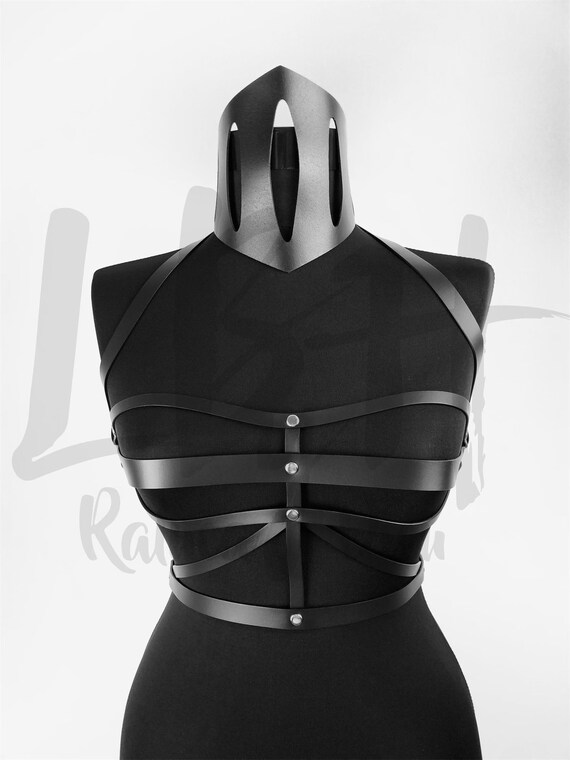 Sleek Black Leather Torso Harness with Neck Strap