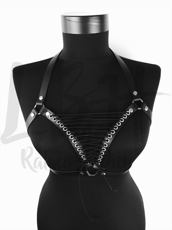Open Cup Leather Bra with Lace-Up Detail