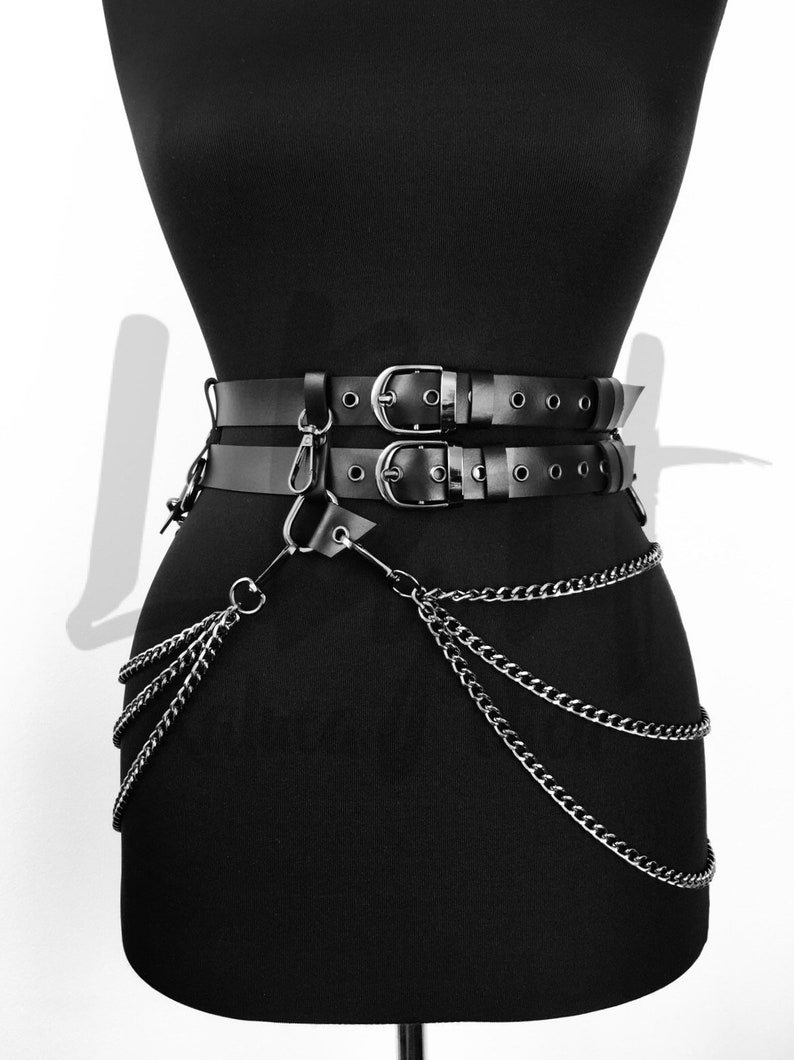 Black Leather Layered Belt With Chains Waist Belt Gift Etsy Canada