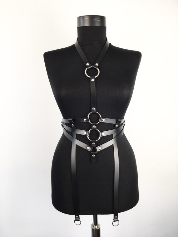 Black Leather Harness with Hanging Strips and Quality Hardware