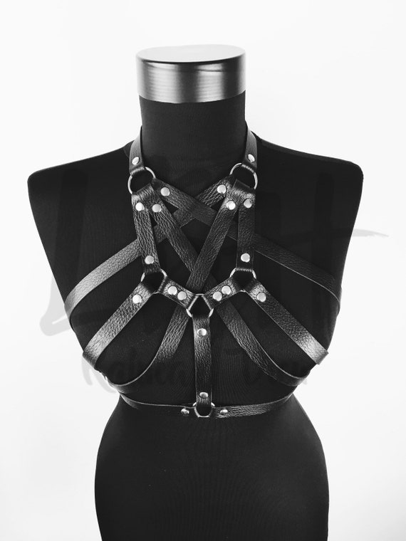 Unique Black Leather Body Harness with Back and Neck Closure