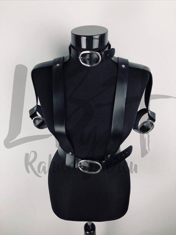 Over Arm Harness Belt with Choker,Oval Metal Buckle Belt,Leather Full Harness Her,Leather Harness Outfit, Quality Black Leather Harness Belt