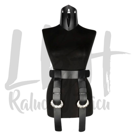 Black Leather Waist Belt with Hanging Strips and Elegant Belt Buckle