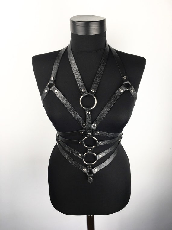 Sexy harness genuine leather,Leather harness with metal rings, Leather harness her, Leather lingerie harness, Quality black leather harness