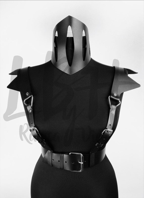 Handmade Black Leather Wide Belt with Shoulder Braces