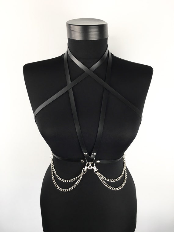 Thin Strap Leather Harness with Hanging Chains for Women