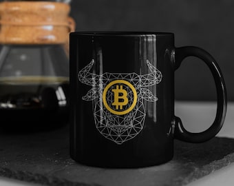 Bitcoin Bull Black Mug, Bitcoin Mug, Blockchain Cup, Bitcoin Gift, Cryptocurrency, Btc