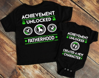New Dad Gamer T-Shirt / Babysuit combo. Fatherhood Achievement Unlocked With Matching Baby Bodysuit Created A New Character, Dad and Baby,