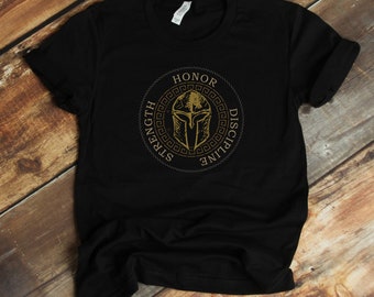 Spartan Soldier Helmet T-Shirt - Honor Strength Discipline Warrior