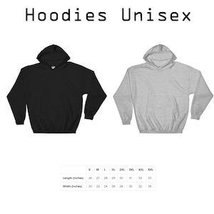 May include: Unisex hoodies in black and grey with a size chart showing measurements in inches. Sizes range from S to 5XL.
