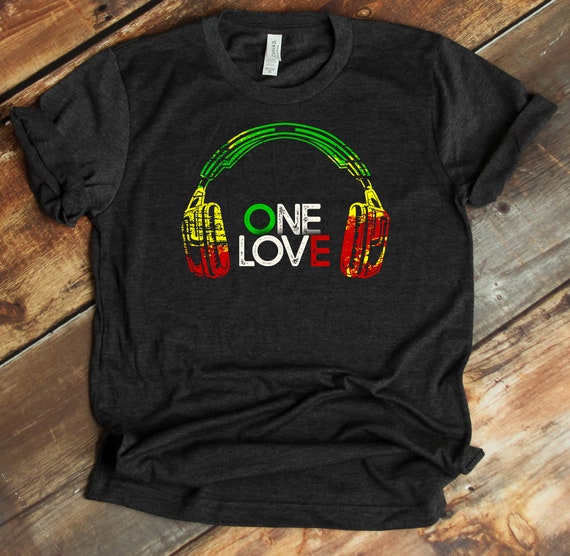 One Love Shirt Rastafarian Headphones Reggae Jamaican Pride 