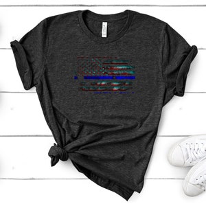 Polizist T-Shirt - Glitch US Flagge Blue Line Vaterländischer Polizist