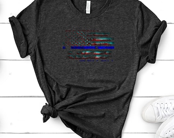 Police Officer Support T-Shirt - Glitch US Flag Blue Line Patriotic Policeman