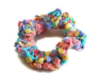 Crochet Yarn Pastel Rainbow Scrunchie, Top Knot Scrunchy, Bridesmaid Proposal, Hair Ribbons and Accessories, Mother&#39;s Day Gift for Her