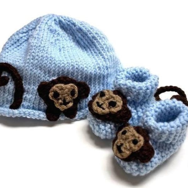 Knit Yarn Monkey Face Hat and Booties Set, New Baby Gifts, Coming Home Outfit, Baby Shower Ideas, Gender Reveal Props for Him, Animal Hats