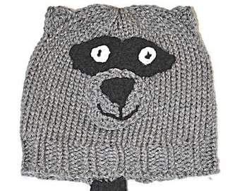 Knitted Gray Woodland Raccoon Hat with Tail, Halloween Costume, Toddler and Child Hats, Gifts for Kids, Woodland Nursery Décor, Baby Shower