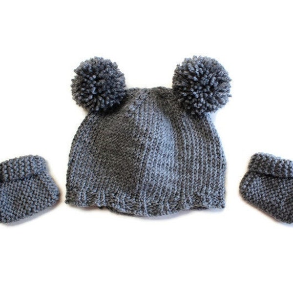 Double Pom Pom Beanie Hat and Booties Set, Pom Winter Beanie, Winter Accessories for Boys and Girls, Gifts for Her, Fur Fluffy Pom-Poms Sock