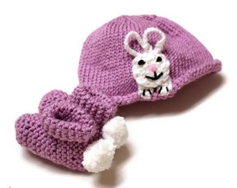 Cottontail Bunny Rabbit Face Hat and Booties Set for Babies, Newborn Crib Hats, Baby Shower Gift Ideas, New Baby Shoes and Socks, Expecting