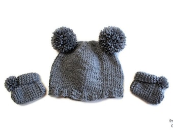 Double Pom Pom Beanie Hat and Booties Set, Pom Winter Beanie, Winter Accessories for Boys and Girls, Gifts for Her, Fur Fluffy Pom-Poms Sock
