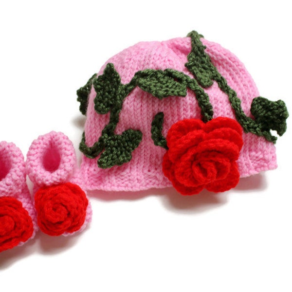 Ensemble chapeau et chaussons roses en forme de vigne de feuille de lierre avec roses, idées cadeaux pour baby shower pour la Saint-Valentin, vêtements pour enfants, chapeau de berceau pour nouveau-né, je t'aime
