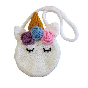 Sac à main licorne, sacs au crochet, sac à main petite fille, pochette petit animal, sacs chevaux magiques, idées cadeaux pour enfants, fleurs pastel et corne