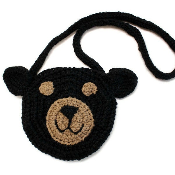 Crochet Black Bear Purse, Little Girl's Purse, Knit Small Animal Pouch, Safari Wild Animals, Gift Ideas for Kids, Fun Bag Purses for Kids