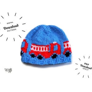 May include: A blue knitted beanie featuring three red fire trucks with white details. The hat is a digital download pattern. The text "Digital Download Pattern" and "PDF Download ONLY" are also visible.