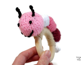 Crochet Pink Caterpillar Rattle, Soft Baby Rattles with Wooden Rings, Jingling Soft Baby Toy, Newborn Baby Shower Gift Ideas, Bugs Animals