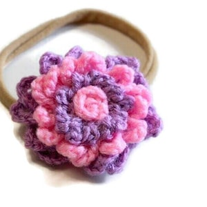Crochet Yarn Flower Hair Clip or Headband, Nylon Hair Bands, Large Layered Flower, Baby&#39;s First Headbands, Coming Home Outfit, Baby Gifts