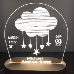 Gepersonaliseerd nachtlampje, Cloud Night Light, Baby Night Light, Meisjeskamer, Jongenskamer, Babydecor, LED-licht, Babygrafiek