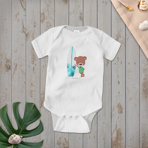Surfer Bear Bodysuit, Cute Baby Bodysuit, Baby Bear Bodysuit, Surfer Bear, Beach Baby Bodysuit