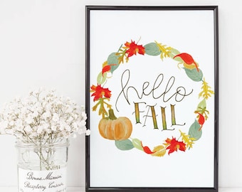 Hello Fall Printable,  Watercolor Printable, Autumn Wreath, Wall Art, Home Decor, Wall Art, Seasonal Decor, Fall Decor, Autumn Decor