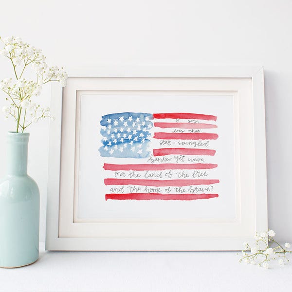 4th of July Printable, National Anthem, Watercolor Flag, Patriotic Decor, Independence Day, Memorial Day, Patriotic Printable