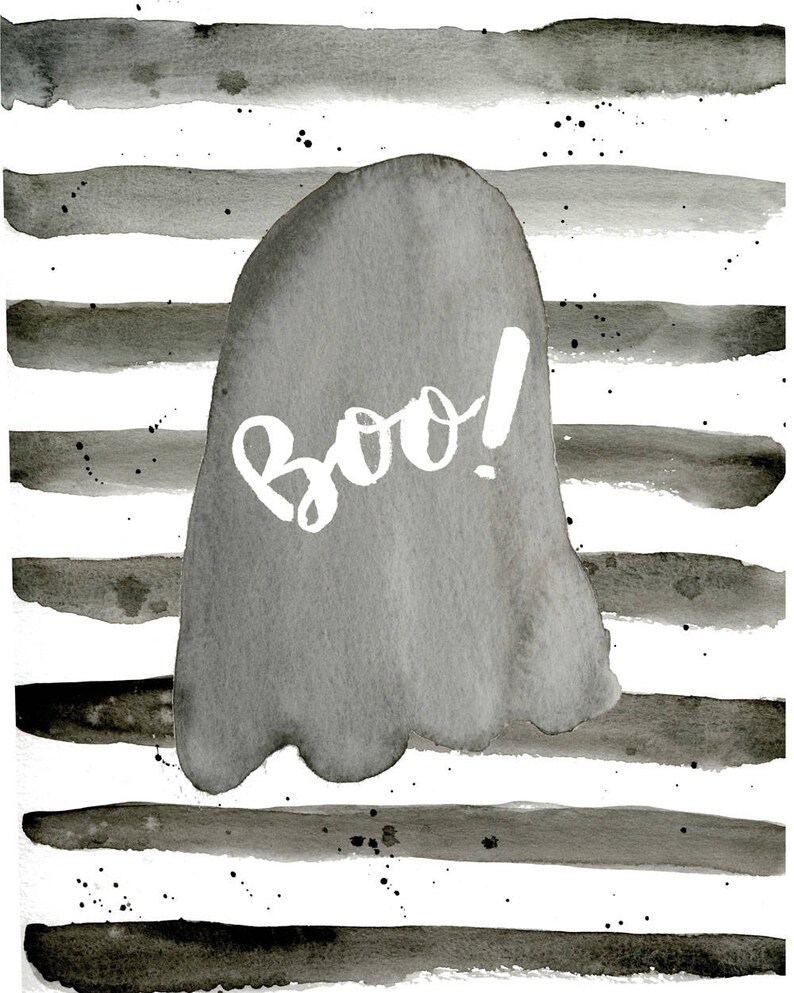 May include: A black and white watercolor illustration of a ghost with the word "Boo!" written on it. The ghost is on a background of black and white stripes.