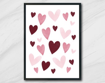 Watercolor hearts, Valentine Print, Valentine Heart Print,