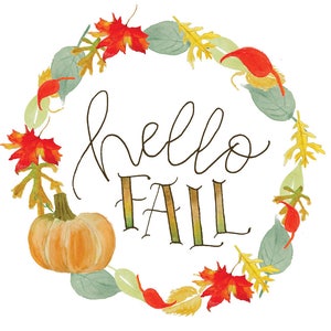 May include: A watercolor illustration of a wreath made of fall leaves in shades of red, orange, yellow, and green. The wreath surrounds the text "hello fall" and a small orange pumpkin.