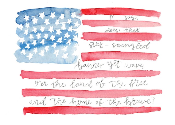 4th Of July Printable National Anthem Watercolor Flag Etsy